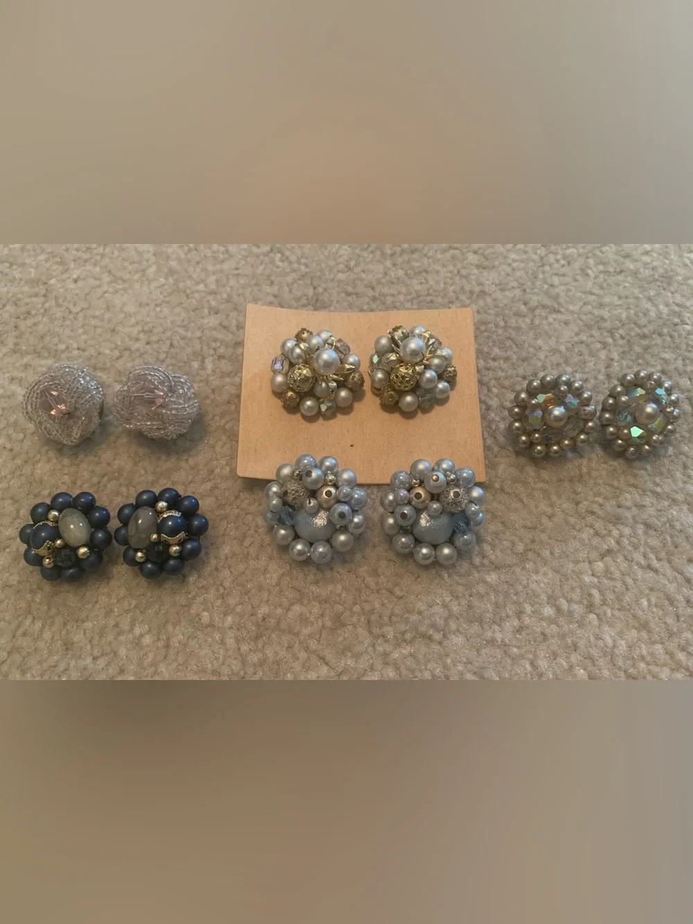 Lot of 5 1960s Vintage Bead Cluster Clip-On Earrings Faux Pearl Costume Jewelry